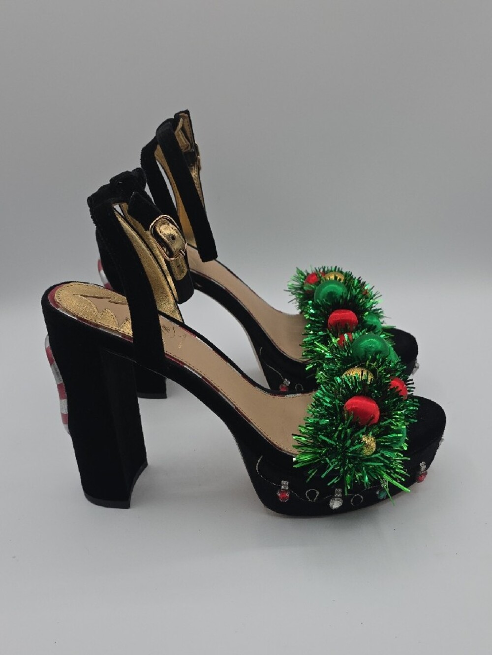 ANTONIO MELANI Black Velvet Heels with Green Tinsel and Red & Gold Ornaments - Picture 10 of 17